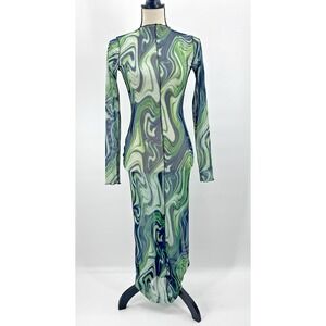 VTG Y2K Sheer Mesh Maxi Mock Neck Dress Small Marble Swirl Rave Fairy Grunge